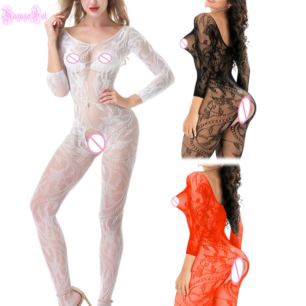 Sexy Hot Erotic Sheer Open Crotch Lace Floral Long Sleeved Bodystocking Lingerie Babydoll Teddy Bodysuit Latex Catsuit Wetlook
