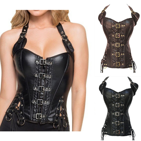 Steampunk Sexy Black Faux Leather Buckle Overbust Halter Corset Top Waist Corselet Burlesque Costume Push Up Corsets