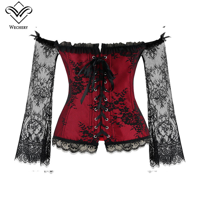 Wechery Women Steampunk Corset Sexy Long Sleeve Lace Corselet Lace Up Bustiers Korset For Posture Party Club Wedding Plus Size