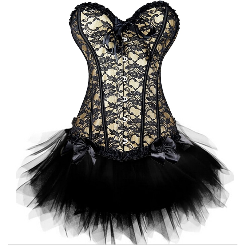 Women Sexy Burlesque Overbust Corset Bustier Top With Mini TuTu Skirt Fancy Dresses Costume Sexy Gothic Corsets Dress