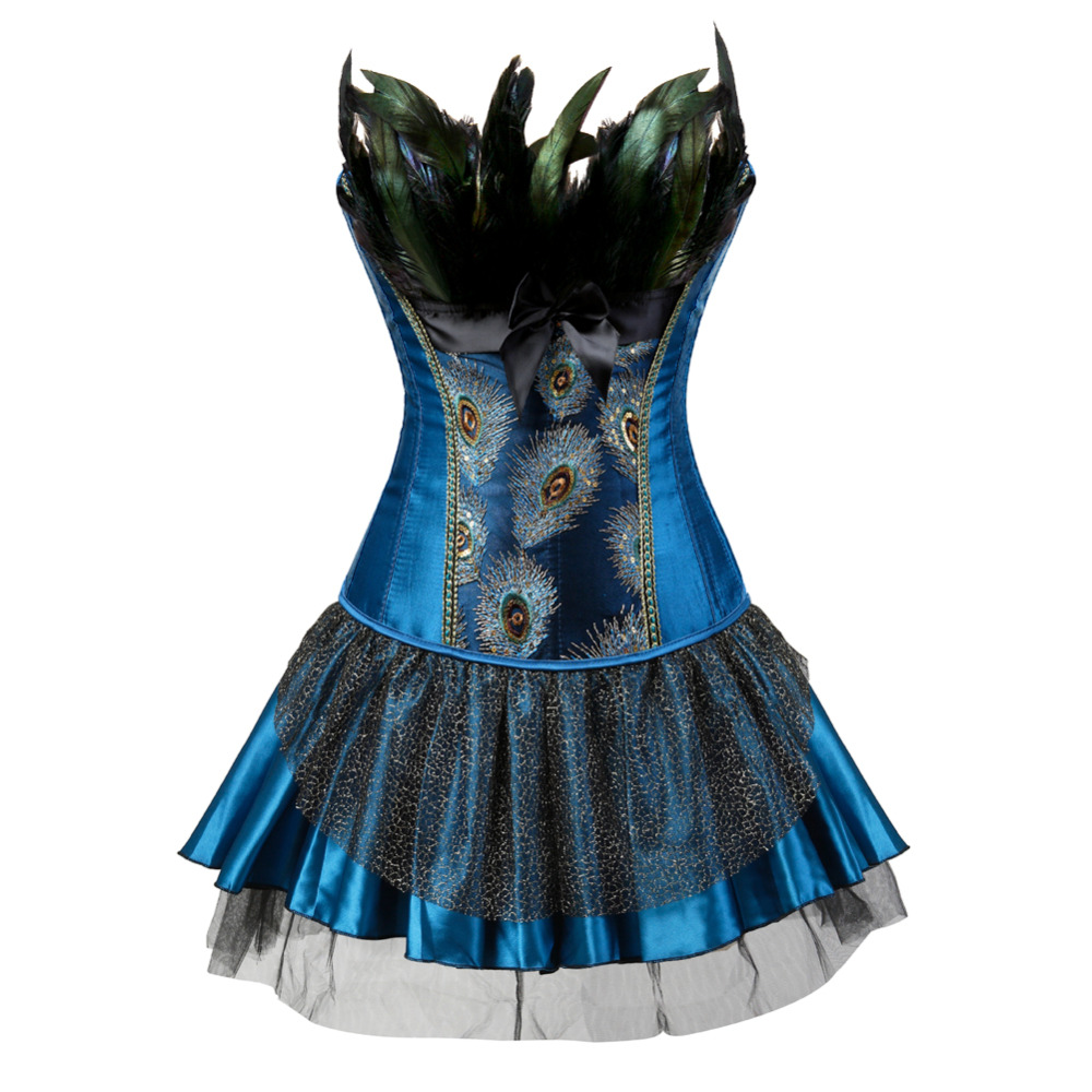 Embroidery Peacock Princess corset showgirl dance tutu skirt Cosplay Feathers Bustier bodyshaper suit Plus Size S-6XL