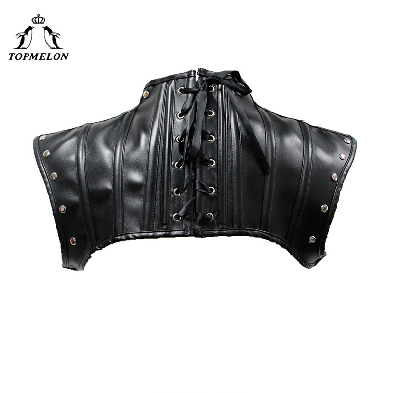 TOPMELON Crop Corset Gothic Steampunk Cut Out Corselet Leather Accessories Women's Sexy Sleeveless Crop Shoulder Lace Up Top