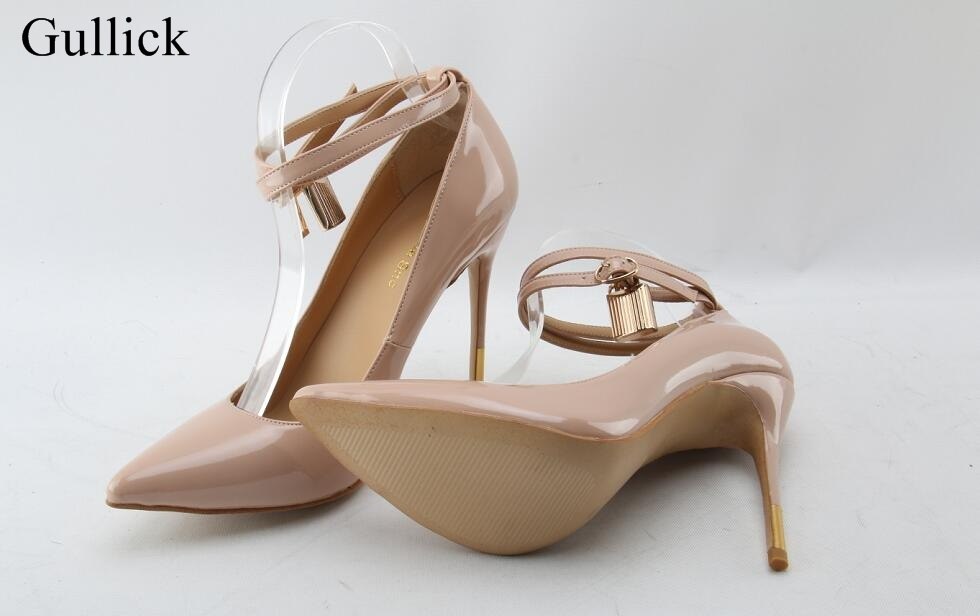 Gullick Sexy Pointed Toe Lock High Heel Pumps Black Leather Ankle Strap Buckle Dress Shoes Women Gold Metal Heels Party Shoes