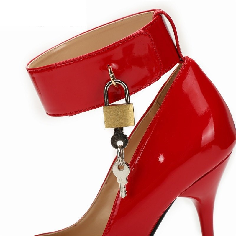Stiletto Fetish 12cm thin heels Red dress Ankle strap shoes Pantent Leather Pointed Toe Cosplay Lock And Key Padlocks pumps