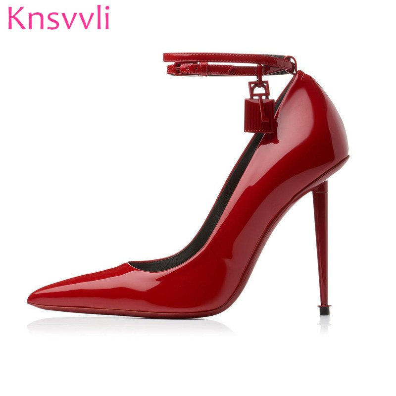New Classic Patent Leather Women Pumps Sexy Pointed Toe Thin High Heels Shoes Lock Key Buckle Strap Black Red Party Shoes Ladies