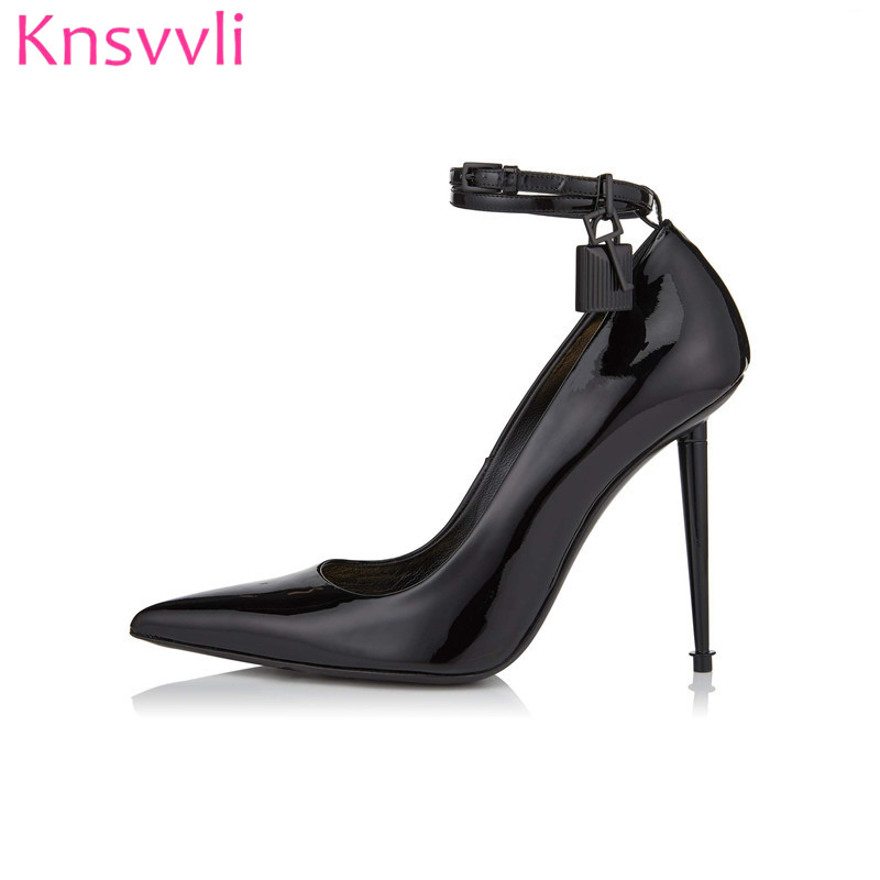 New Classic Patent Leather Women Pumps Sexy Pointed Toe Thin High Heels Shoes Lock Key Buckle Strap Black Red Party Shoes Ladies