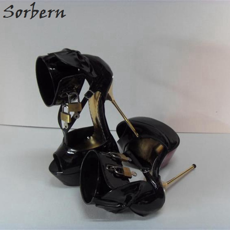 Sorbern Sexy 14 16 18Cm Metal Heel Lock And Key Women Pump Shoes Peep Toe Wide Ankle Straps Platform Shiny Stiletto Female Shoes