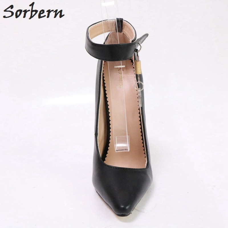 Sorbern Black Shoes Woman Party Pump Heels Ankle Strap With Locks Pointy Toes Ladies High Heels 18Cm Ankle Ladies Party Shoes