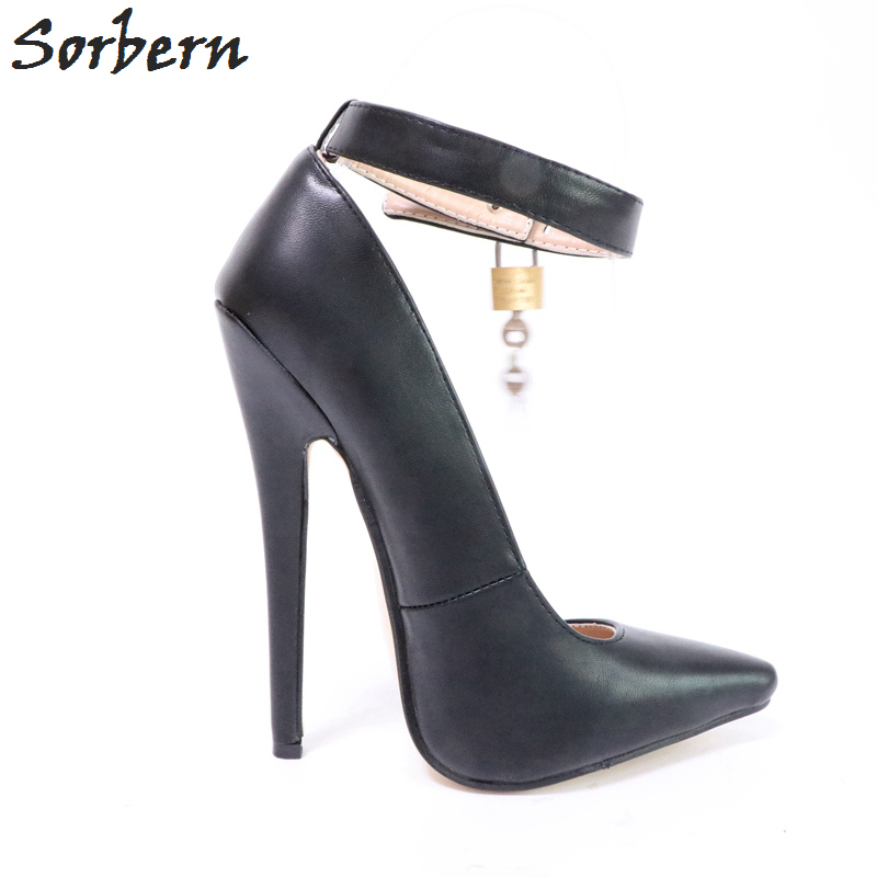 Sorbern Black Shoes Woman Party Pump Heels Ankle Strap With Locks Pointy Toes Ladies High Heels 18Cm Ankle Ladies Party Shoes