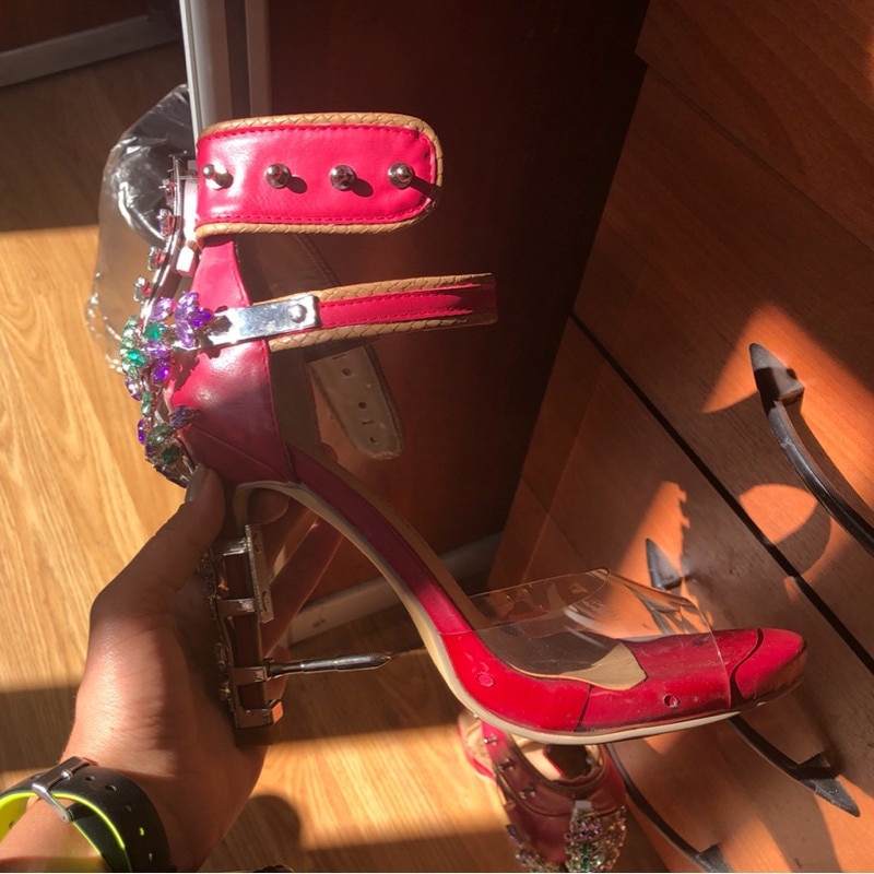 Unique PVC Transparent Colorful Crystal Summer Shoes Woman Cover Heel Ankle Strappy Locked Sandals Women