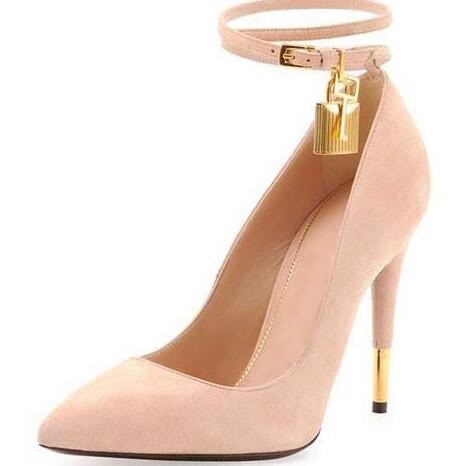 Sexy Gold Snakeskin Print Leather Lock Pumps For Women Pointed Toe Ankle Strap Thin Heels Party Dress Shoes Lady Fashion Pumps