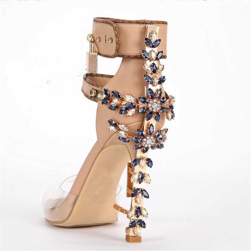 2018 Sexy Rhinestone Heel Gladiator Sandals Woman Pvc Open Toe Diamond High Heel Shoes Women Ankle Lock Party Shoes JAWAKYE