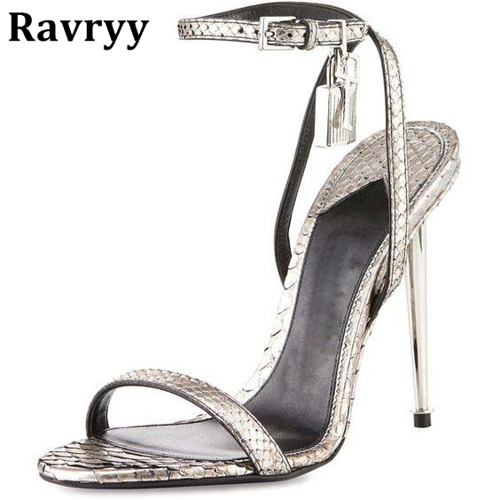 Ravryy New Buckle Lock Pendant Suede Patent Leather Snakeskin Python Thin High Sandals Elegant Sexy Party Shoes
