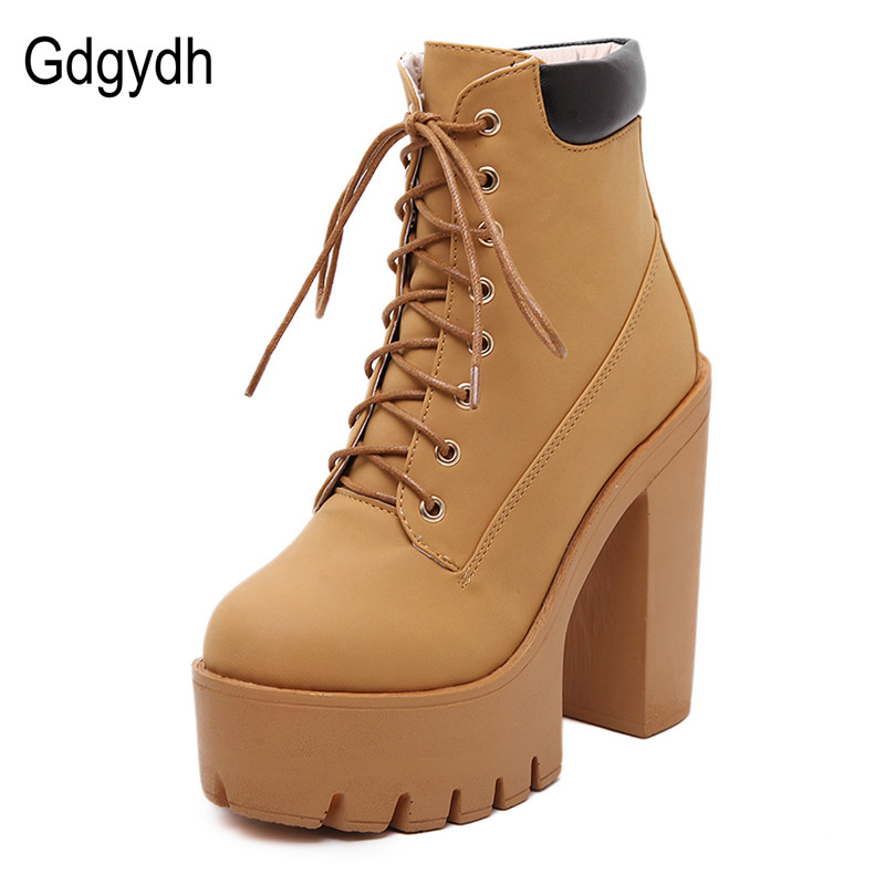 Gdgydh Fashion Spring Autumn Platform Ankle Boots Women Lace Up Thick Heel Platform Boots Ladies Worker Boots Black Big Size 42