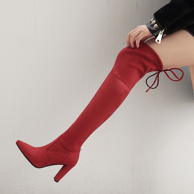 BORRUICE 2019 Sexy Party Boots Fashion Suede Leather Shoes Women Over the Knee Heels Boots Stretch Flock Winter High Boots botas