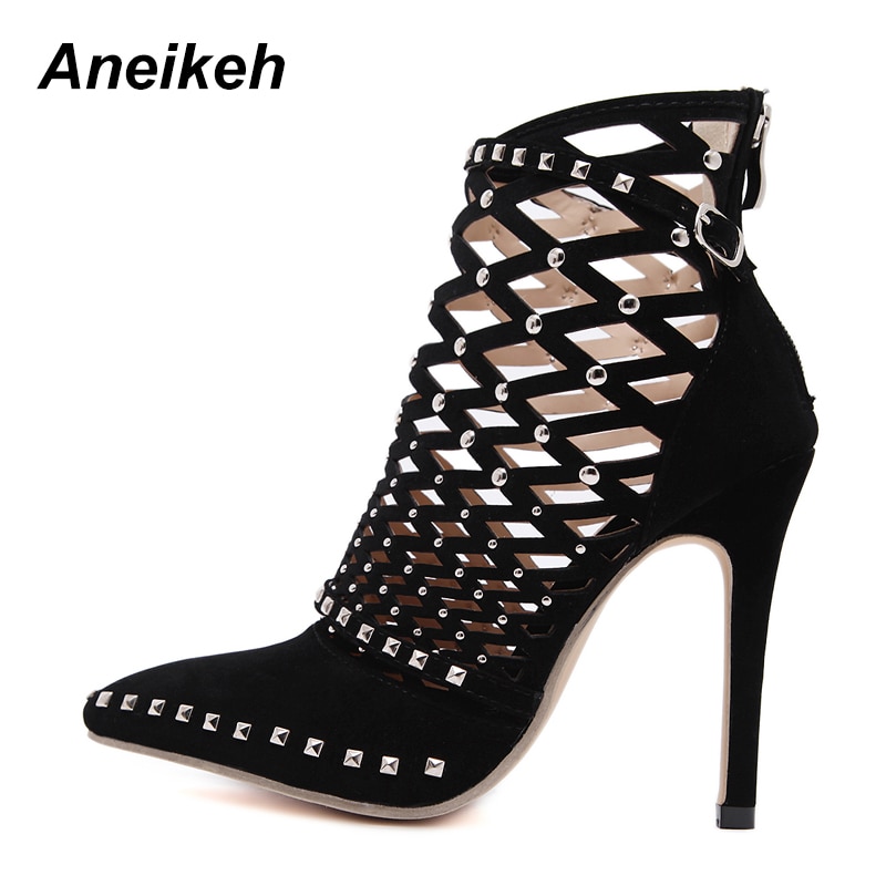 Aneikeh Gladiator Roman Sandals Summer Rivets Studded Cut Out Caged Ankle Boots Stiletto High Heel Women Sexy Shoes Party Bootie