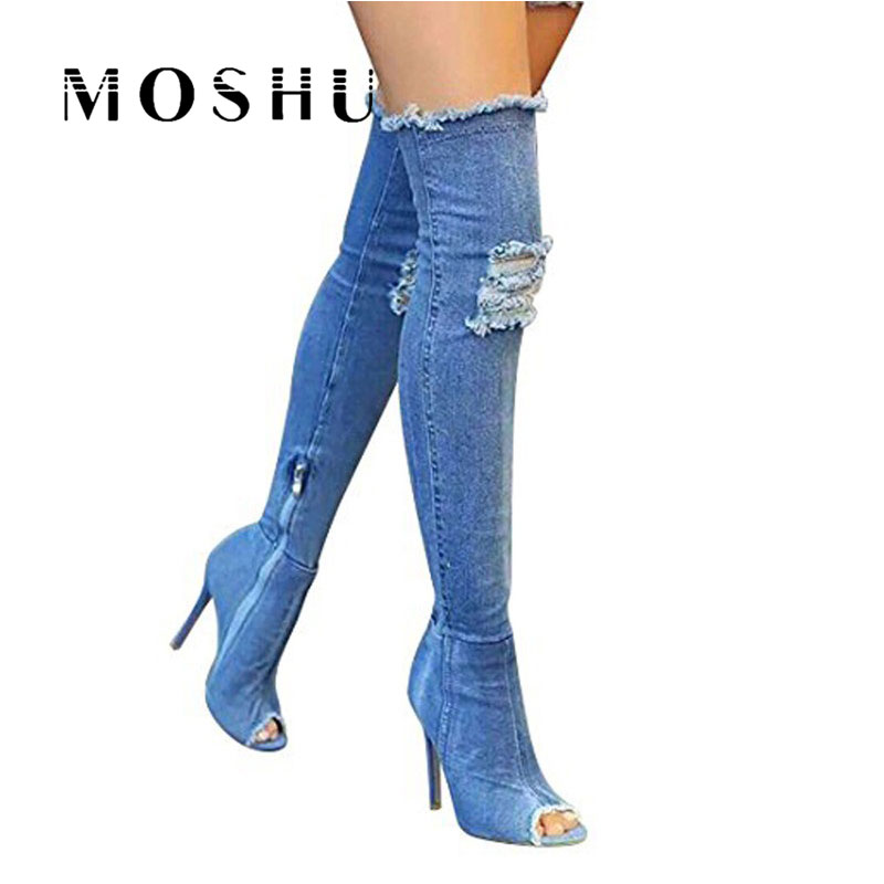 Sexy Women Over The Knee High Boots Denim High Heels Boots Female Jeans shoes ladies Peep Toe Zip Stiletto Zapatos Mujer Solid