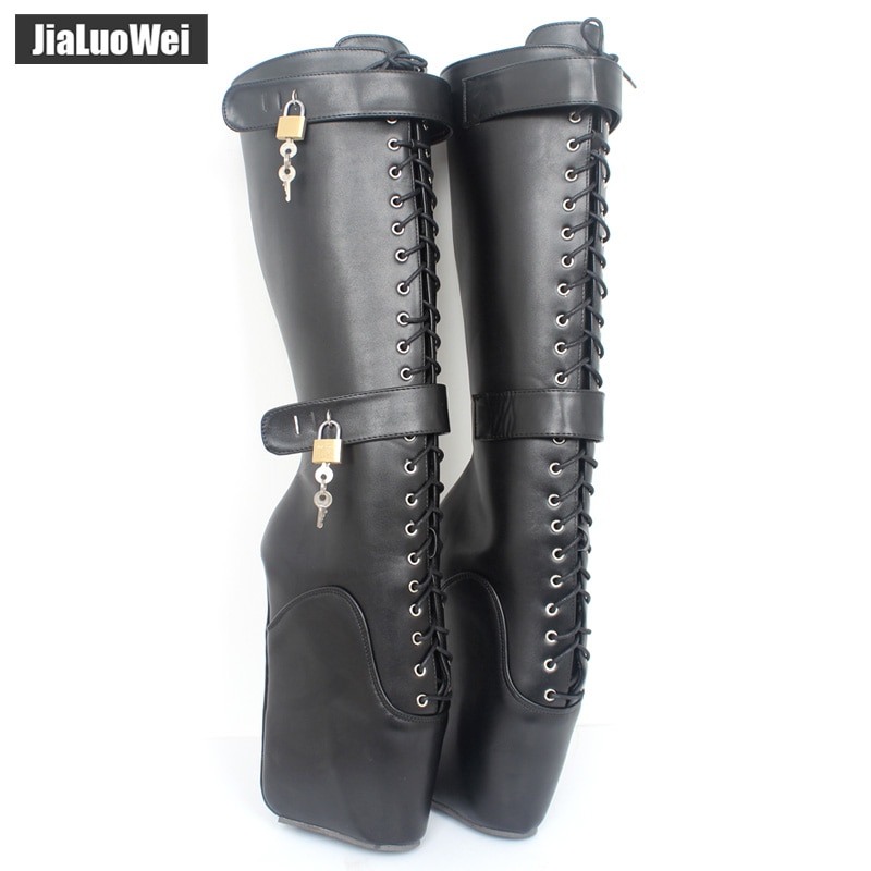 jialuowei Brand 18cm Extreme High Heel Fetish Sexy Wedges Lace-up Buckle Heelless Ballet Boots unisex Lockable Knee-High Boots