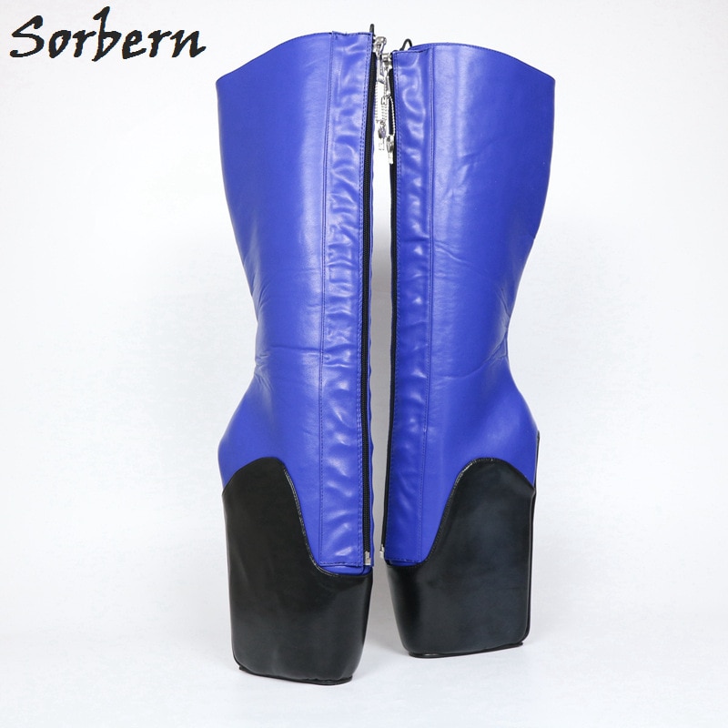 Sorbern 18cm Sexy Ballet Wedge Boot Women Plus Size Custom Wide Calf Size Hoof Heelless Boots Zip Fetish Blue Black Matte Shoes