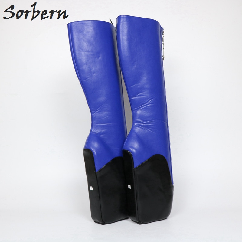 Sorbern 18cm Sexy Ballet Wedge Boot Women Plus Size Custom Wide Calf Size Hoof Heelless Boots Zip Fetish Blue Black Matte Shoes