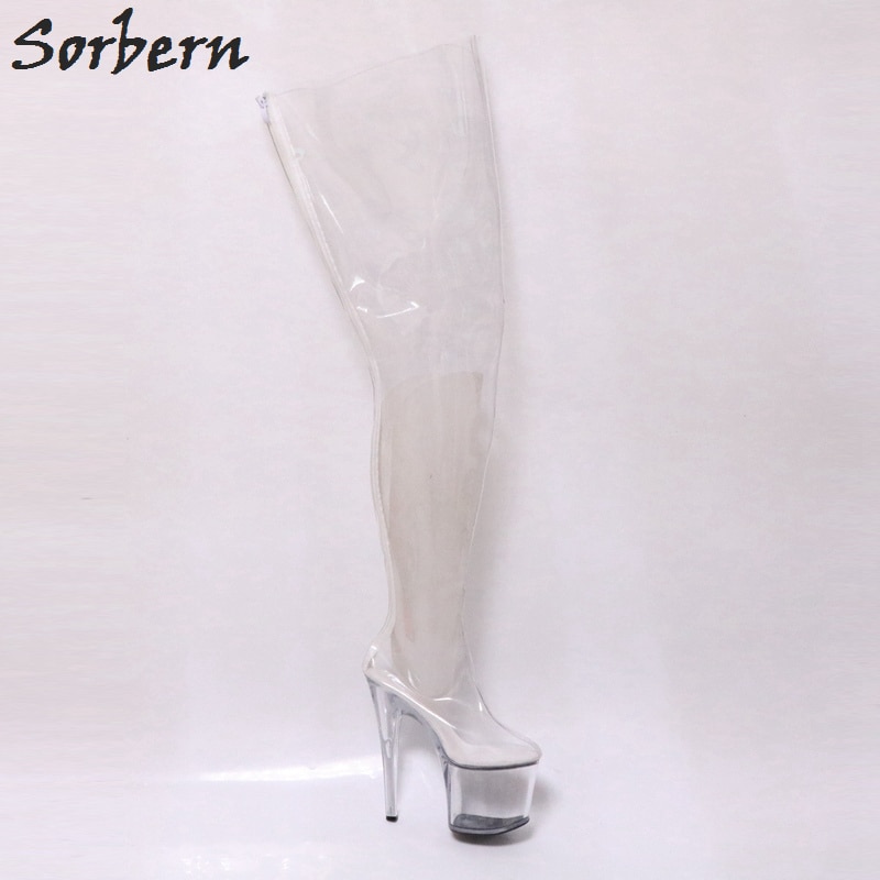 Clear Transparent Plastic Sexy Fetish Shoes Over The Knee Thigh High Boots Unisex 20Cm Heel/9Cm Platform Women Boots Long