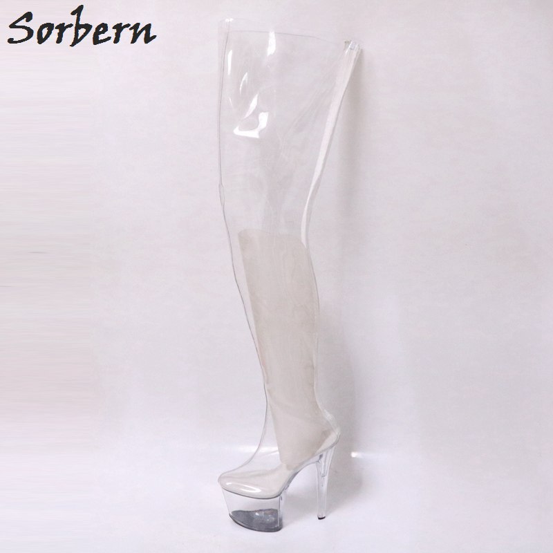 Clear Transparent Plastic Sexy Fetish Shoes Over The Knee Thigh High Boots Unisex 20Cm Heel/9Cm Platform Women Boots Long