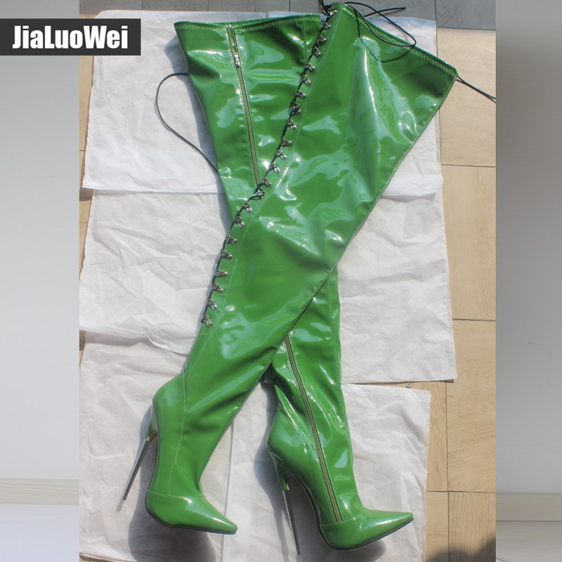 jialuowei 18cm High Metal Heel Laceup Thigh Goth Punk Pinup Cosplay Patent Sexy Fetish Back Cross-tied Crotch High Boots