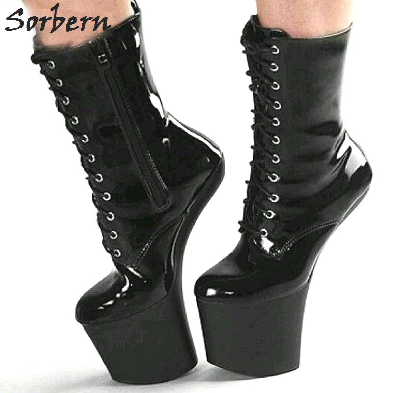 Sorbern Sexy Hoof Heel 20cm Fetish Boots Mid-calf Women Shoes 9cm Platform High Heels Shiny PU Halloween Vamp Plus Size 34-46