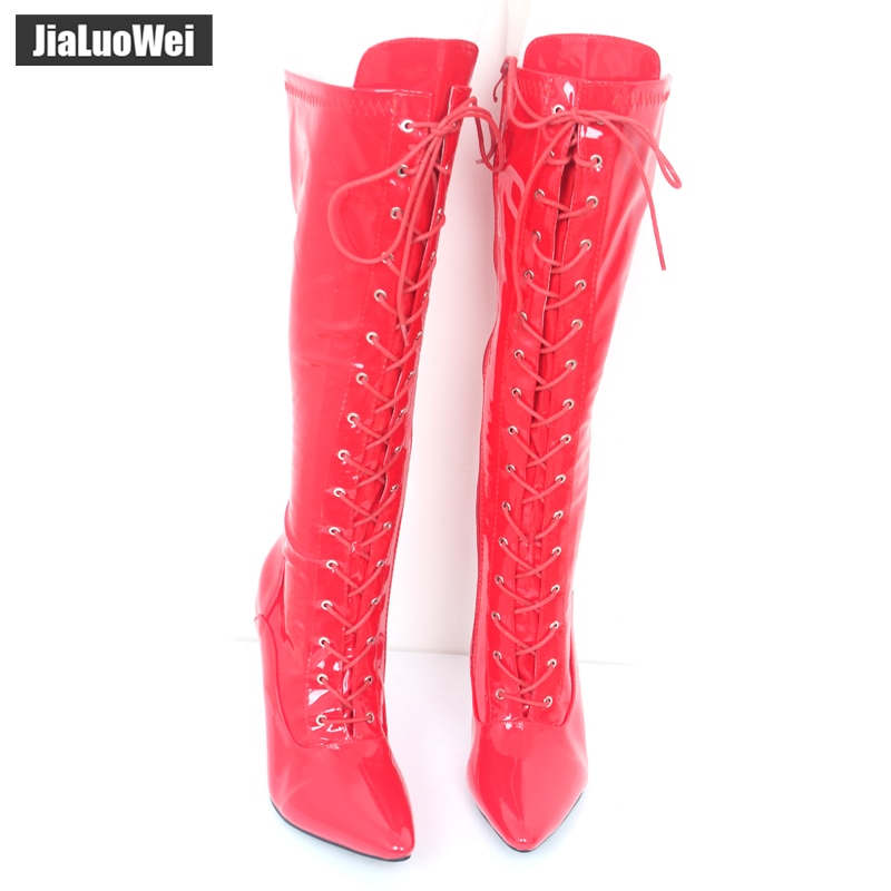 jialuowei Women Boots Fashion Sexy fetish 12cm Thin High Heels Knee-High Boots Lace-Up Pointed Toe lace up Long shoes