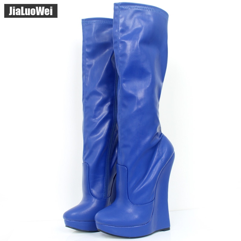 jialuowei 18cm Extreme High Heel Wedge heel 3cm Platform Pointed Toe Women PU Leather Side Zipper Sexy Fetish Knee-High Boots