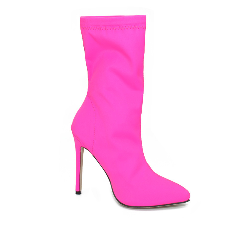 2019 Stiletto Women Sock Boots Pointed Toe Elastic High Boots Slip On High Heel 11CM Ankle Boots Women Pumps Botas Black Pink
