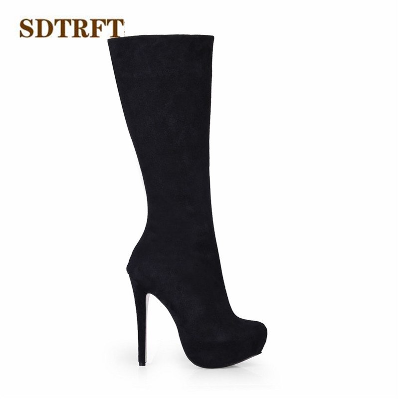 SDTRFT Spring Autumn Stiletto Fashion botas mujer 14cm thin heels Knee-High boots Sexy Crossdress shoes Woman platforms pumps