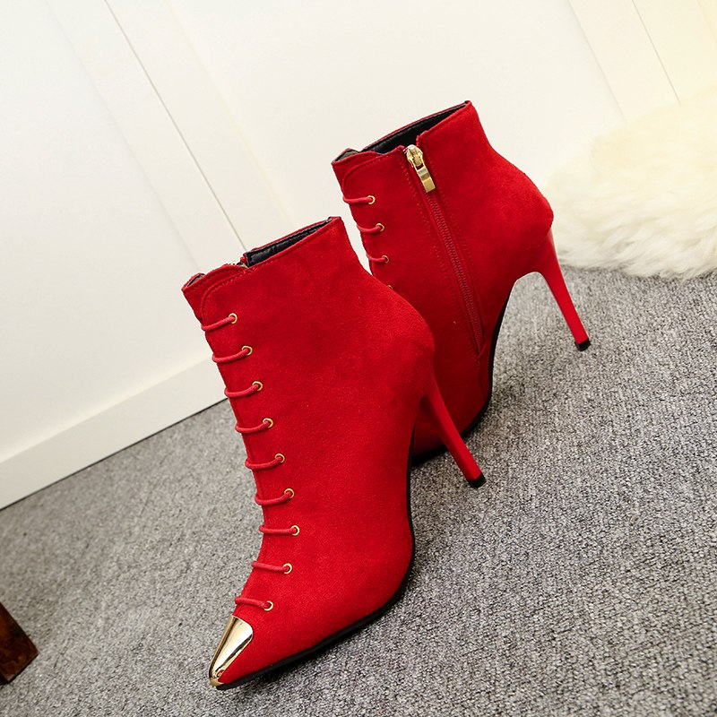 Kjstyrka Spring/Autumn Women Ankle Boots Crossdresser Stiletto Boots Shoes woman Sexy Ultra High Thin Heels Pumps 9.5 cm Red