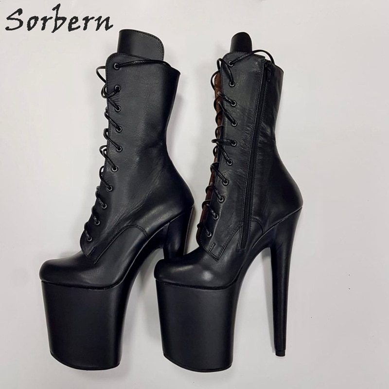 Mid Calf Women Booties Lace Up Pole Dance Boots For Women High Heeled Crossdresser Shoes Drag Queen Booty Custom Colors