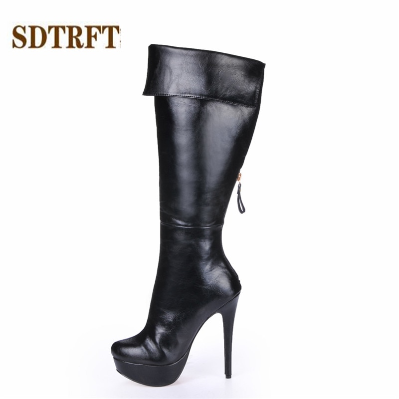 SDTRFT Stilettos 14cm thin heels Knee-High boots platforms shoes Woman Crossdresser Botas Ladies Zipper pumps Plus:35-40