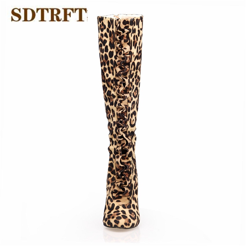 SDTRFT Winter Stilettos 12cm thin heels Knee-High boots Pointed Toe shoes Woman Crossdresser Botas Leopardo pumps Plus:35-43