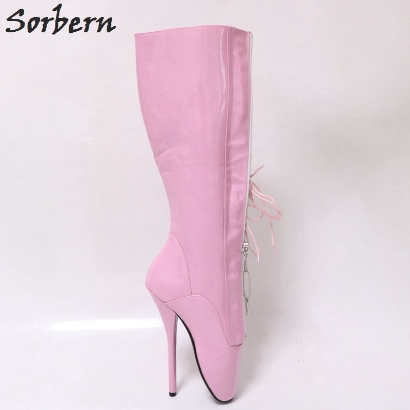 Sorbern Knee High Boots For Women Ballet Heels Pink Shiny Lace Up Dominatrix Crossdressed Heels 18Cm Stilettos Keys Shoes Unisex
