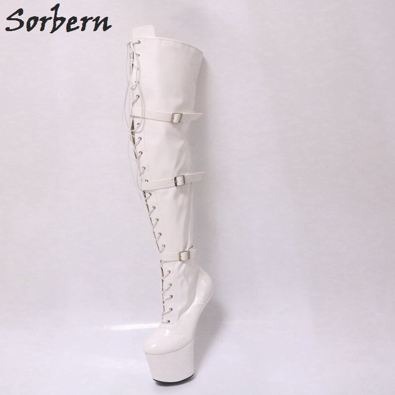 Sorbern White Thigh High Boots Fetish Tiptoe Heels Platform Booties Unisex Eu 45 Custom Leg Size Crossdresser Heelless Women New
