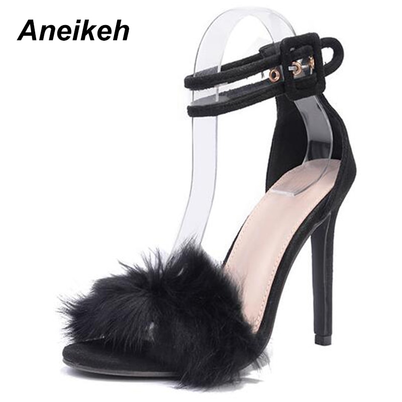 Aneikeh Women Sandals High Heels Footwear Fur Ankle Strap Gladiator Sandals Female Wedding Sexy Shoes Stiletto D-88-5#