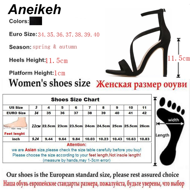 Aneikeh New Fashionable Sexy Design Women Line Style Buckle Thin High Heels Black Faux Suede Open Toe Dress Sandals Shoe Size 42