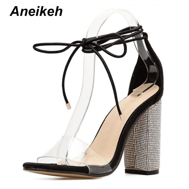 Aneikeh Women High Heels Sandals Summer Square Heels Crystal Heeled Platform Shoes Ladies Sexy Party Wedding Lace Up Shoes
