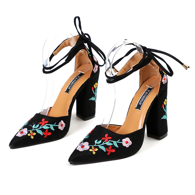 MCCKLE Women High Heels Plus Size Embroidery Pumps Flower Ankle Strap Shoes Female Two Piece Sexy Party Wedding Pointed Toe