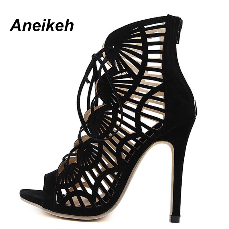 Aneikeh Summer Sandals Women Pumps Open-toed Women High Heels Shoes Fashion Serpentine Pattern Belt 11cm Thin Heels  Party Shoe