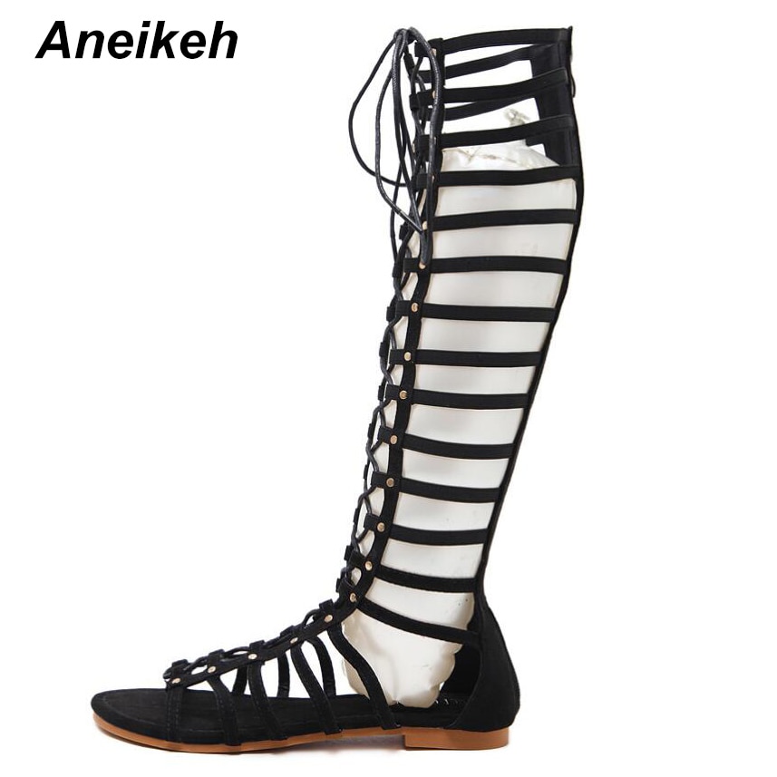 Aneikeh Women Sandals 2018 Sexy Gladiator Sandalias Women Cross-tied Flat Heel Lace Up Cut Outs Hollow Shoes Woman Large Size 41
