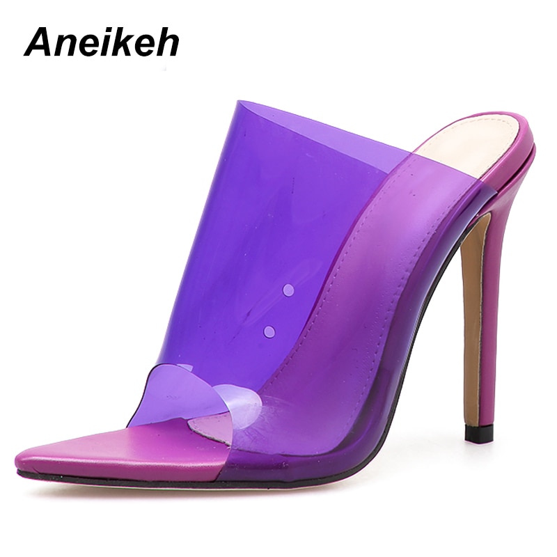 Aneikeh 2019 PVC Jelly Sandals Open Toe High Heels Women Thin Heels Slippers Shoes Heel Clear Sandals Slippers Pumps Purple