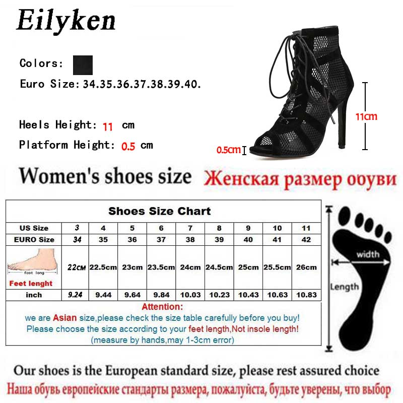 Eilyken 2019 Fashion Black Summer Sandals Lace Up Cross-tied Peep Toe High Heel Ankle Strap Net Surface Hollow Out Sandals