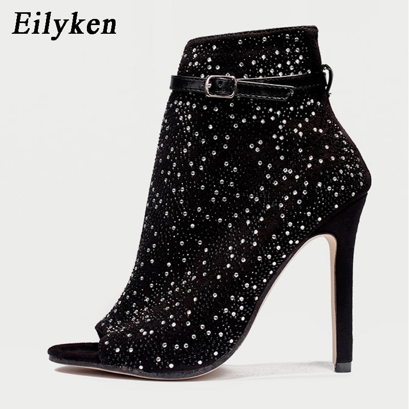 Eilyken New Women Crystal Sandals Ankle Straps High Heels Transparent Cover Heel Pumps Ladies Sandals Party Shoes size 35-43