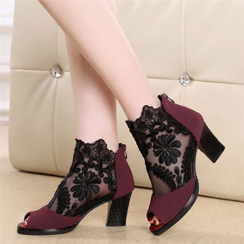 Lucyever Women Sandals Square High Heel Summer Shoes Woman Sexy Flower Lace Hollow Peep toe Gladiator Sandals Plus Size 35-43