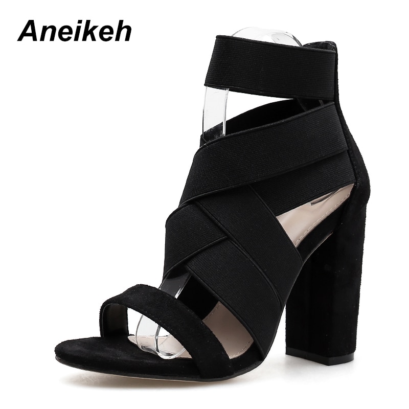 Aneikeh 2019 Gladiator Sandals Fashion Women Sandals High Heels Open toe Ankle Strap Elastic band Shoes Size 35-40 Pumps black