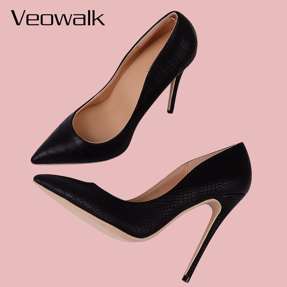Veowalk Brand Italy Style Women Classic Stiletto High Heels Ladies Sexy Sanke Patern Pointed Toe Pumps Comfort Dress Shoes Black